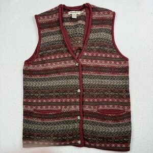 Eddie Bauer Sweater Vest Womens Medium Red Wool Fair Isle Pockets Knit